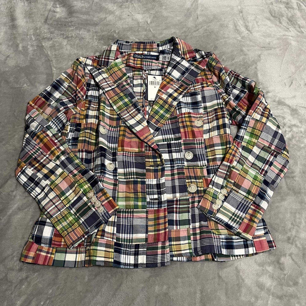 Polo Ralph Lauren Blazer Womens 6 Multicolor Patchwork Madras Double Breasted